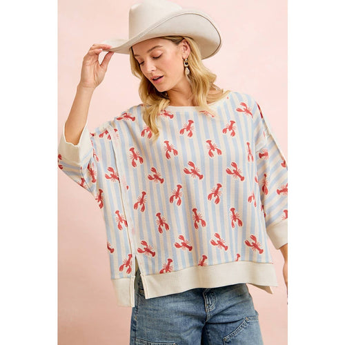 4TH OF JULY LOBSTERS STRIPE WAFFLE KNIT SLEEVE TOP