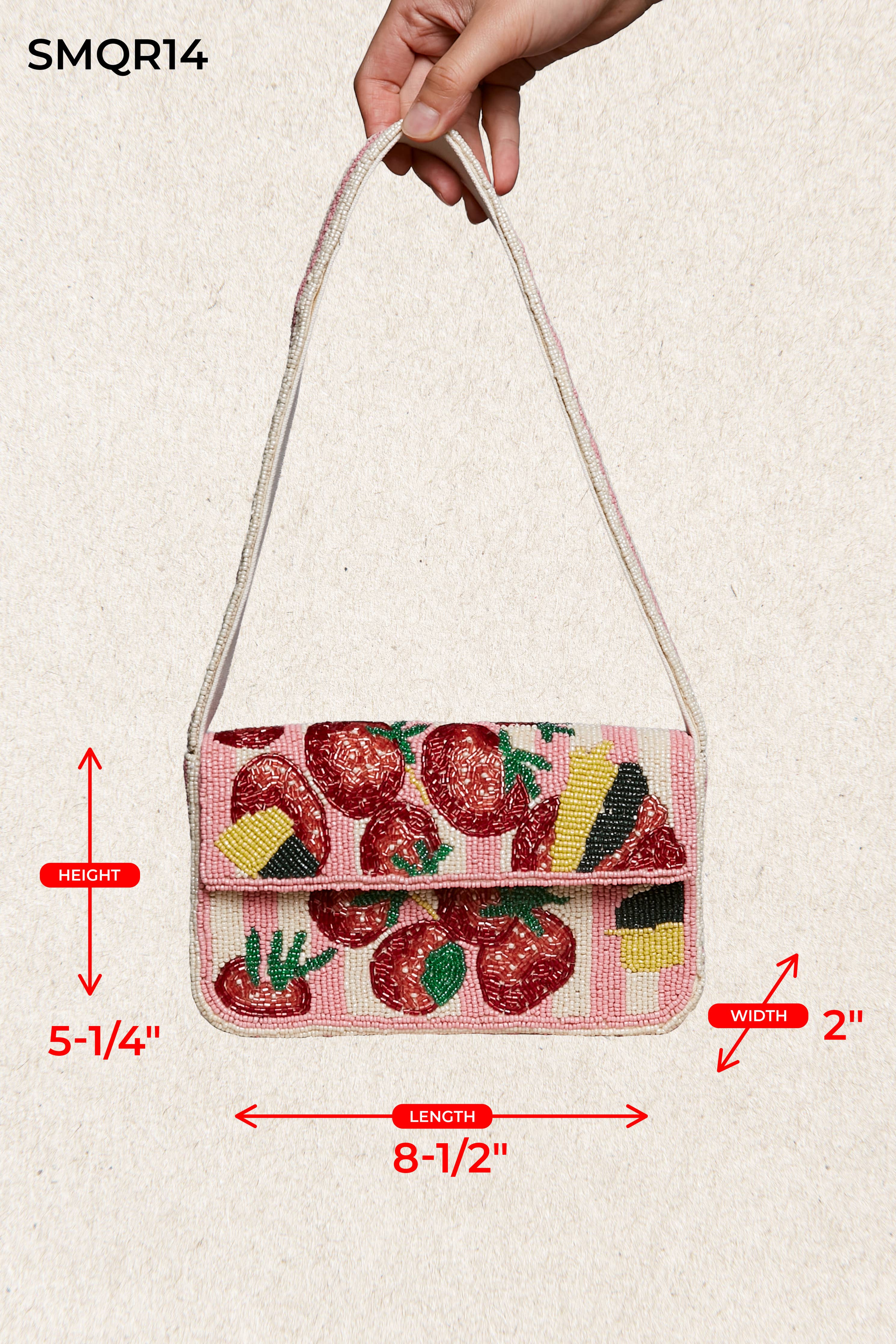 Pink Beaded Fruit Pattern Shoulder Flap Bag