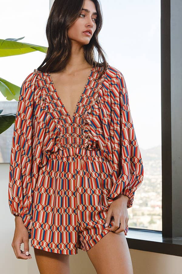 Smocked V-neck Ruffled Geo Printed Woven Romper