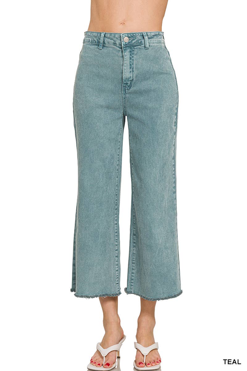 Washed ,High Waist ,Frayed Hem Straight Pants