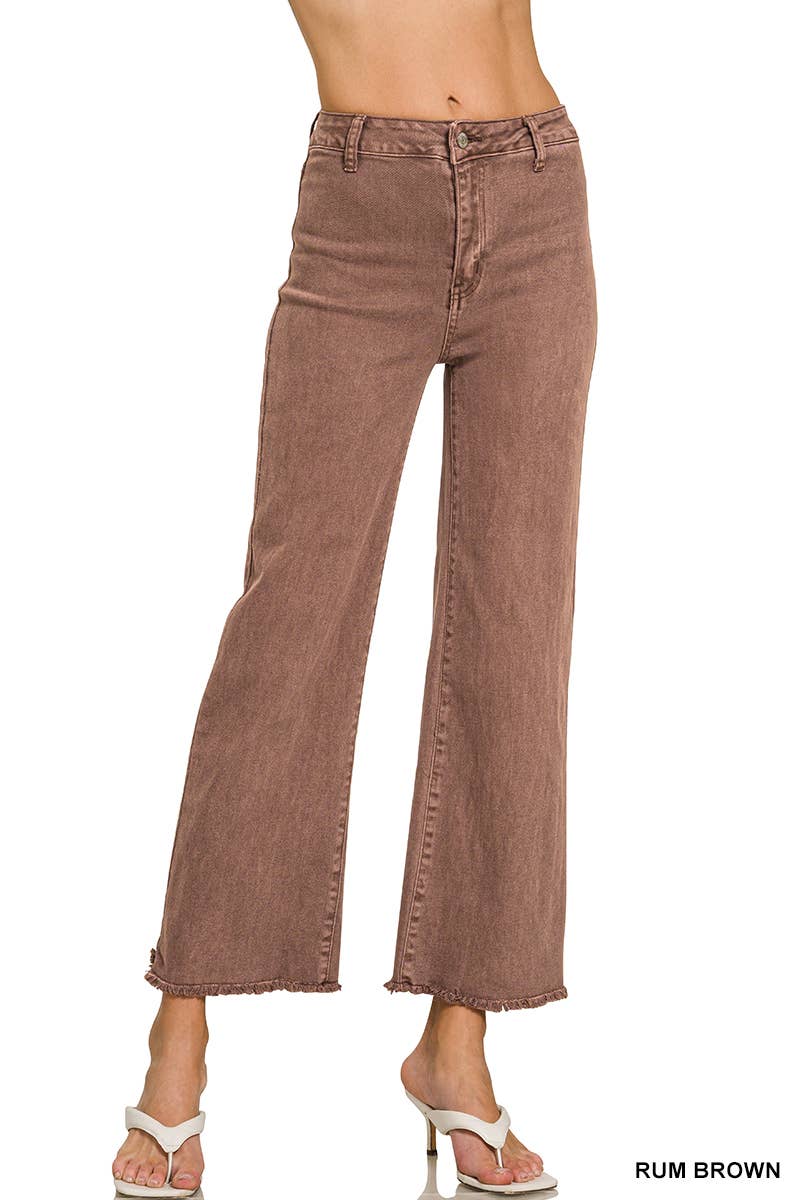 Acid Washed Frayed Cutoff Hem Straight Wide Pants