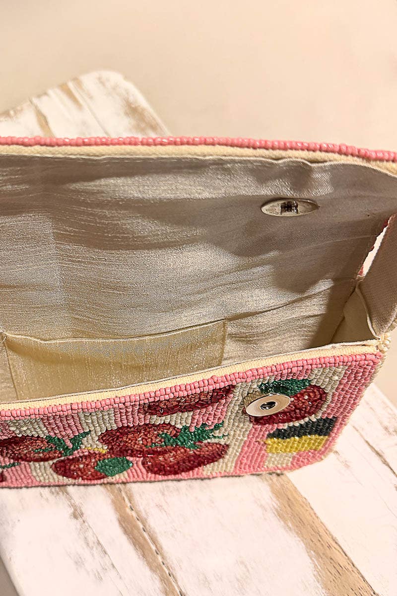 Pink Beaded Fruit Pattern Shoulder Flap Bag
