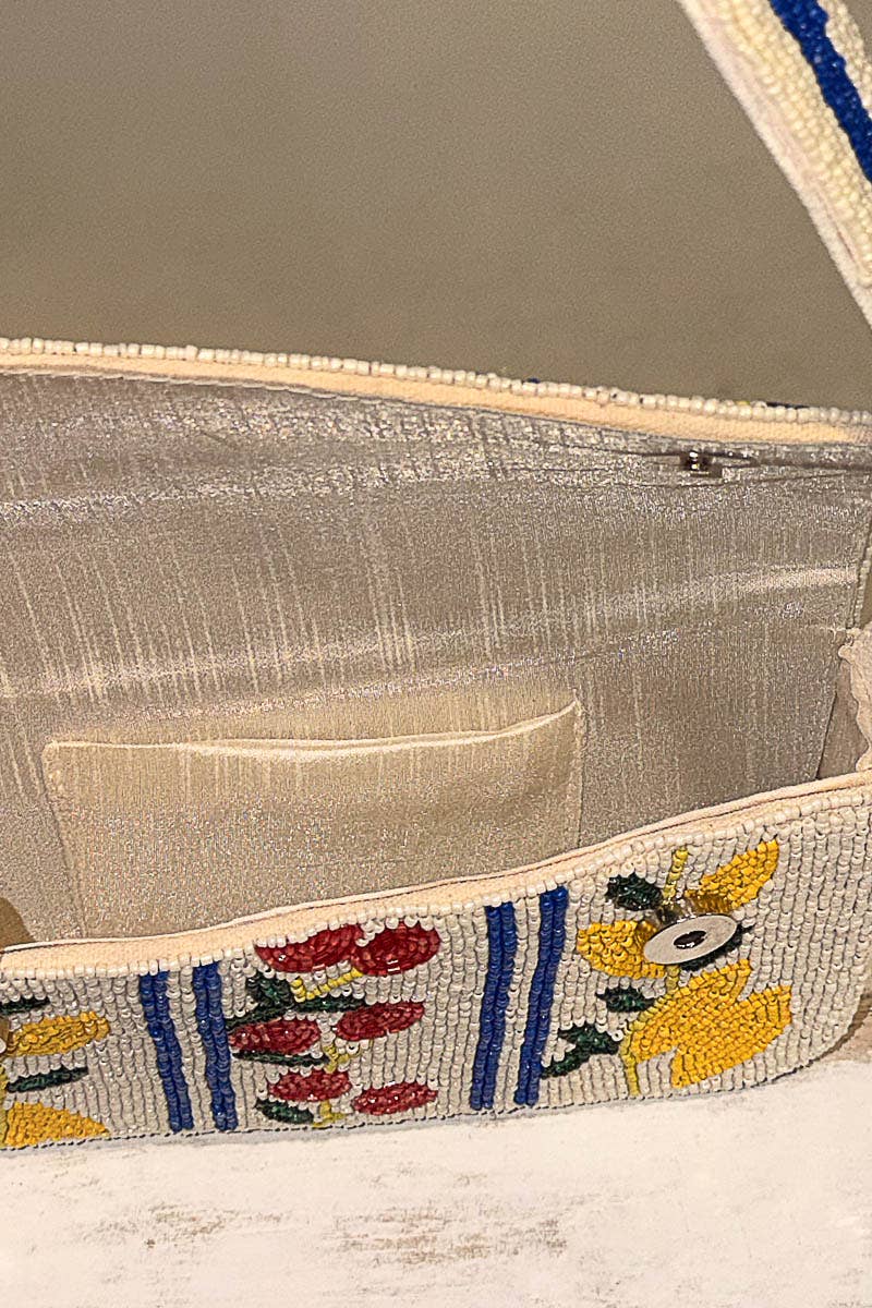 Beaded Cherry Pattern Flap Shoulder Bag