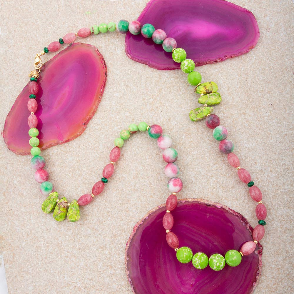 Watermelon Pink Quartz and Lime Green Jasper Long Golden Necklace