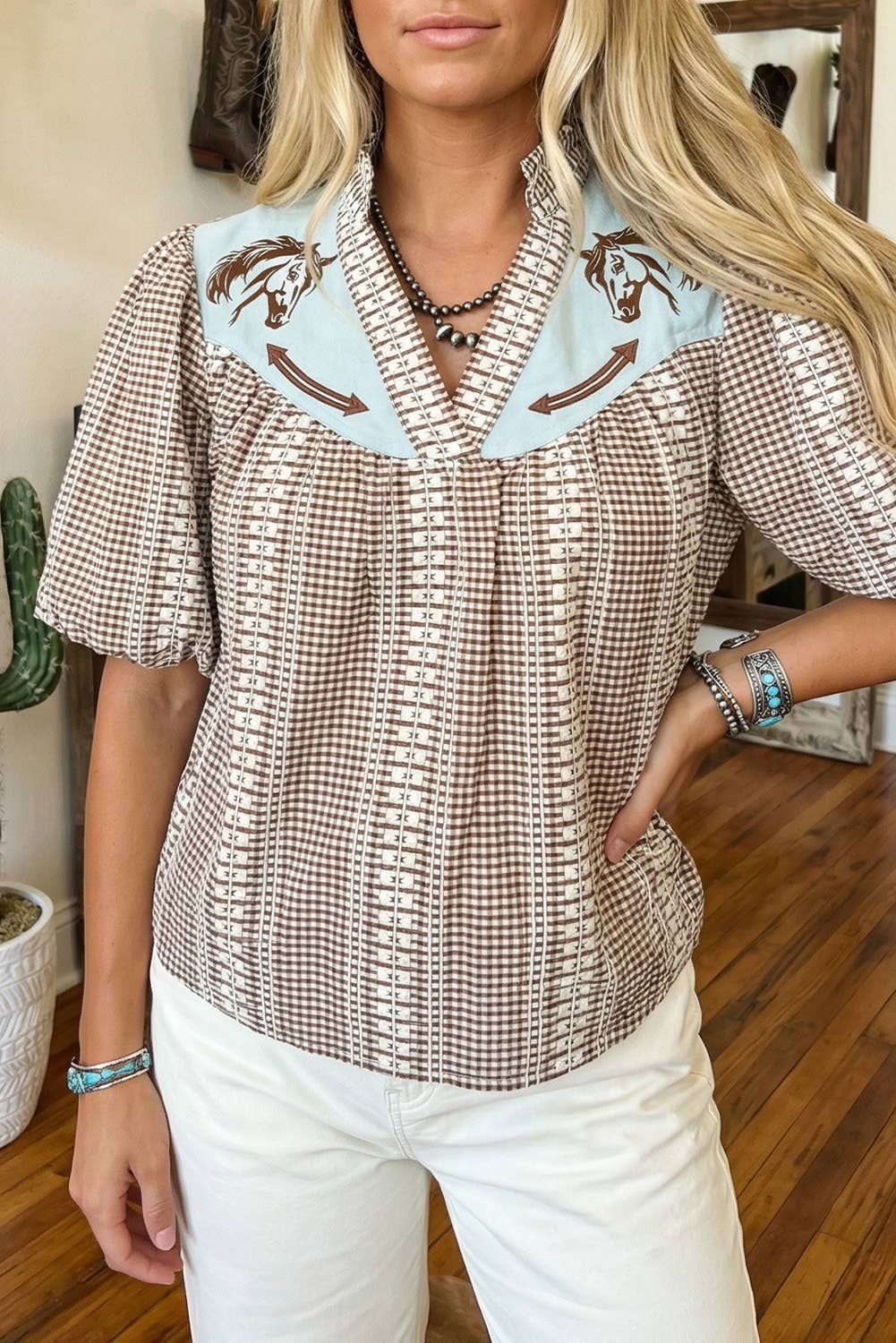 Western Pony Embroidered Yoke Puff Sleeve Gingham Blouse