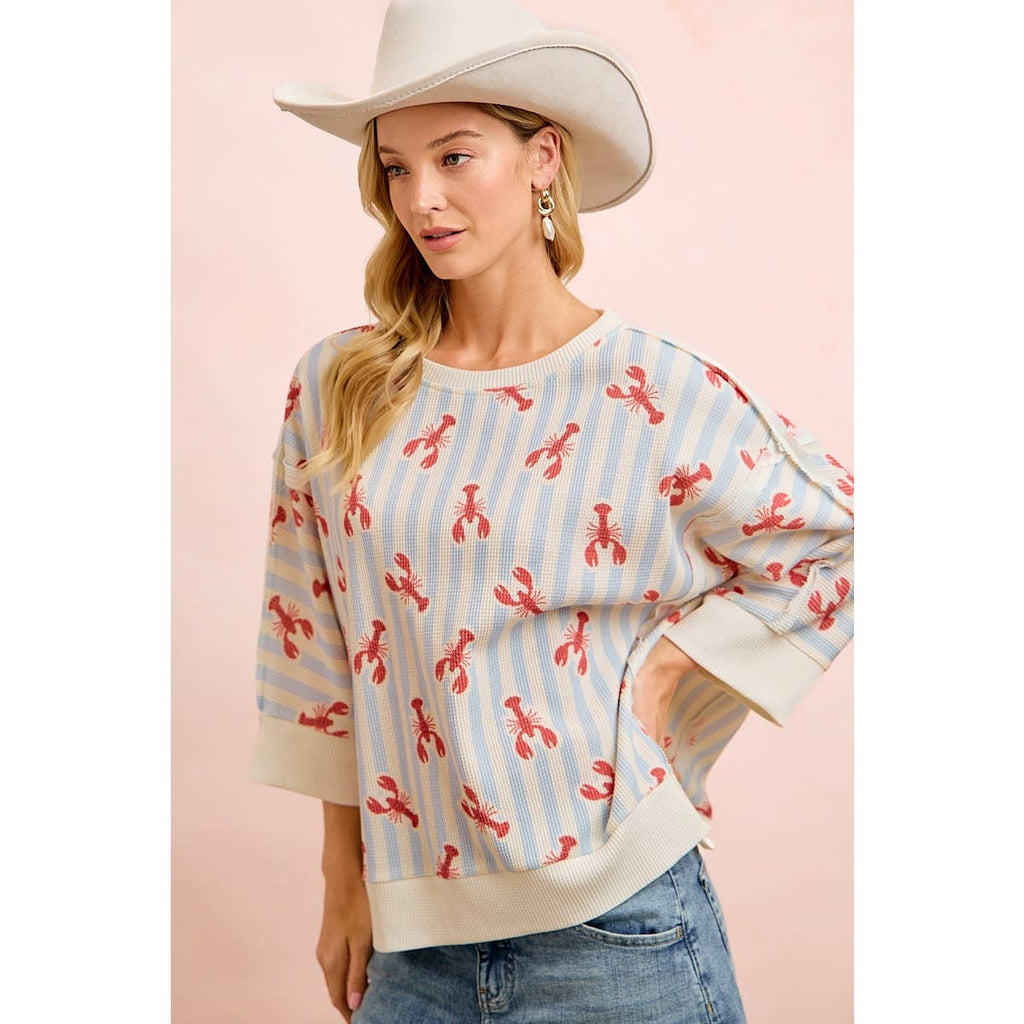 4TH OF JULY LOBSTERS STRIPE WAFFLE KNIT SLEEVE TOP