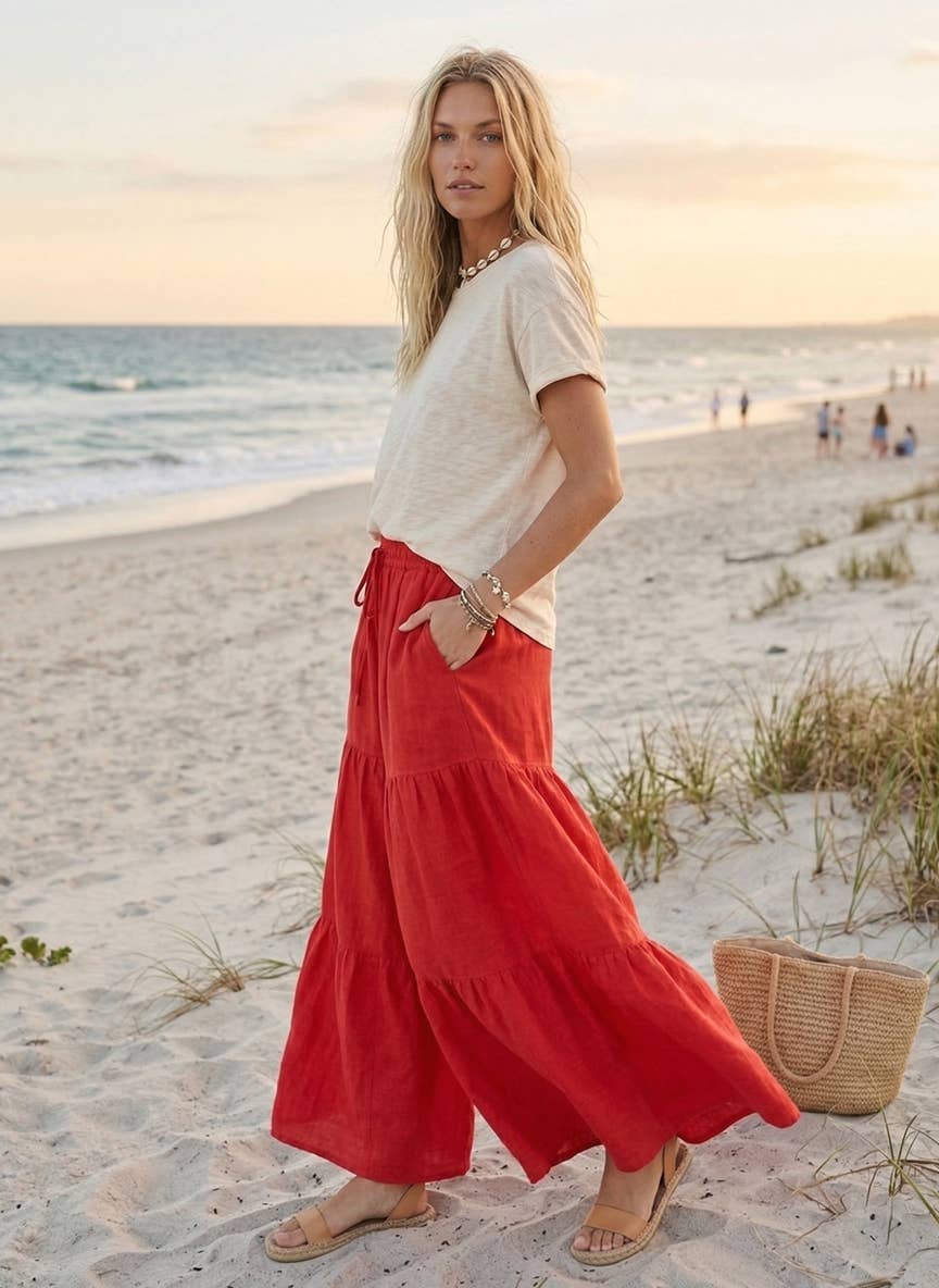 Linen Blend Tiered Wide Leg Palazzo Full Length Pants