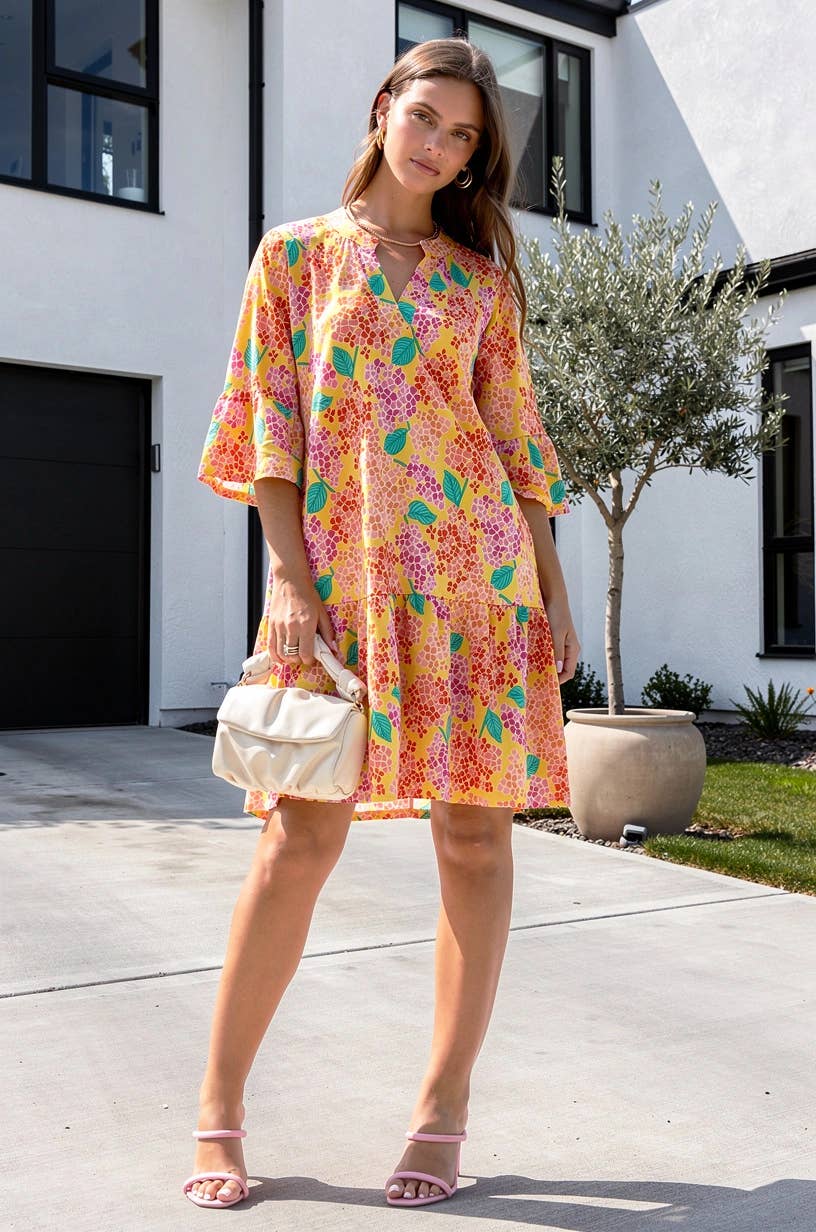 Floral Print Shirred Tiered 3/4 Sleeve Dress