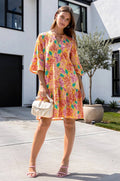 Floral Print Shirred Tiered 3/4 Sleeve Dress