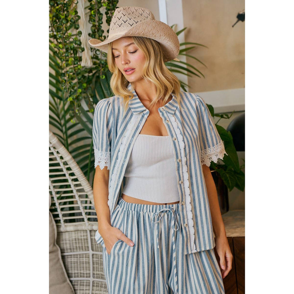 STRIPES LACE TRIM DETAIL SHORT SLEEVES BLOUSE