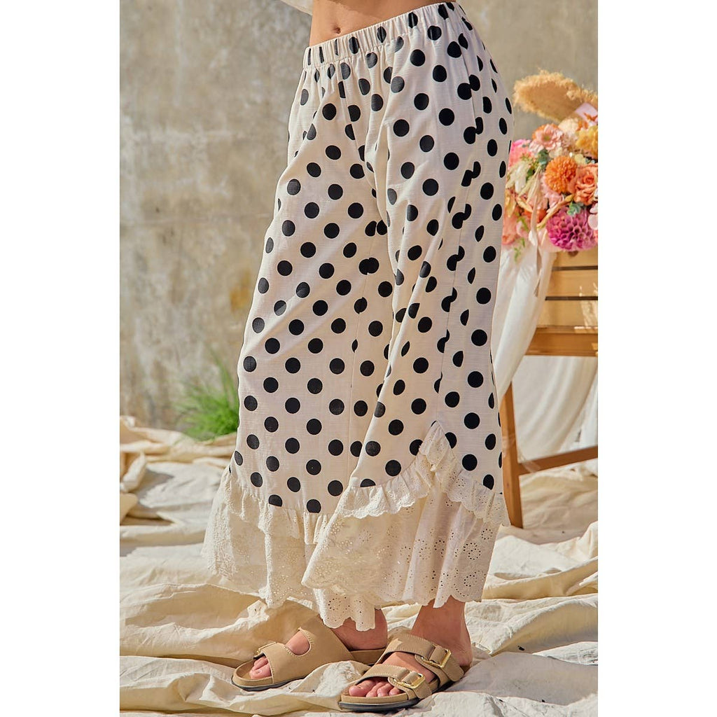 LINEN BLEND POLKA DOT PRINTED RUFFLE LACE HEM PANTS
