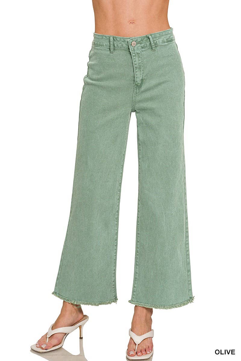 Acid Washed Frayed Cutoff Hem Straight Wide Pants