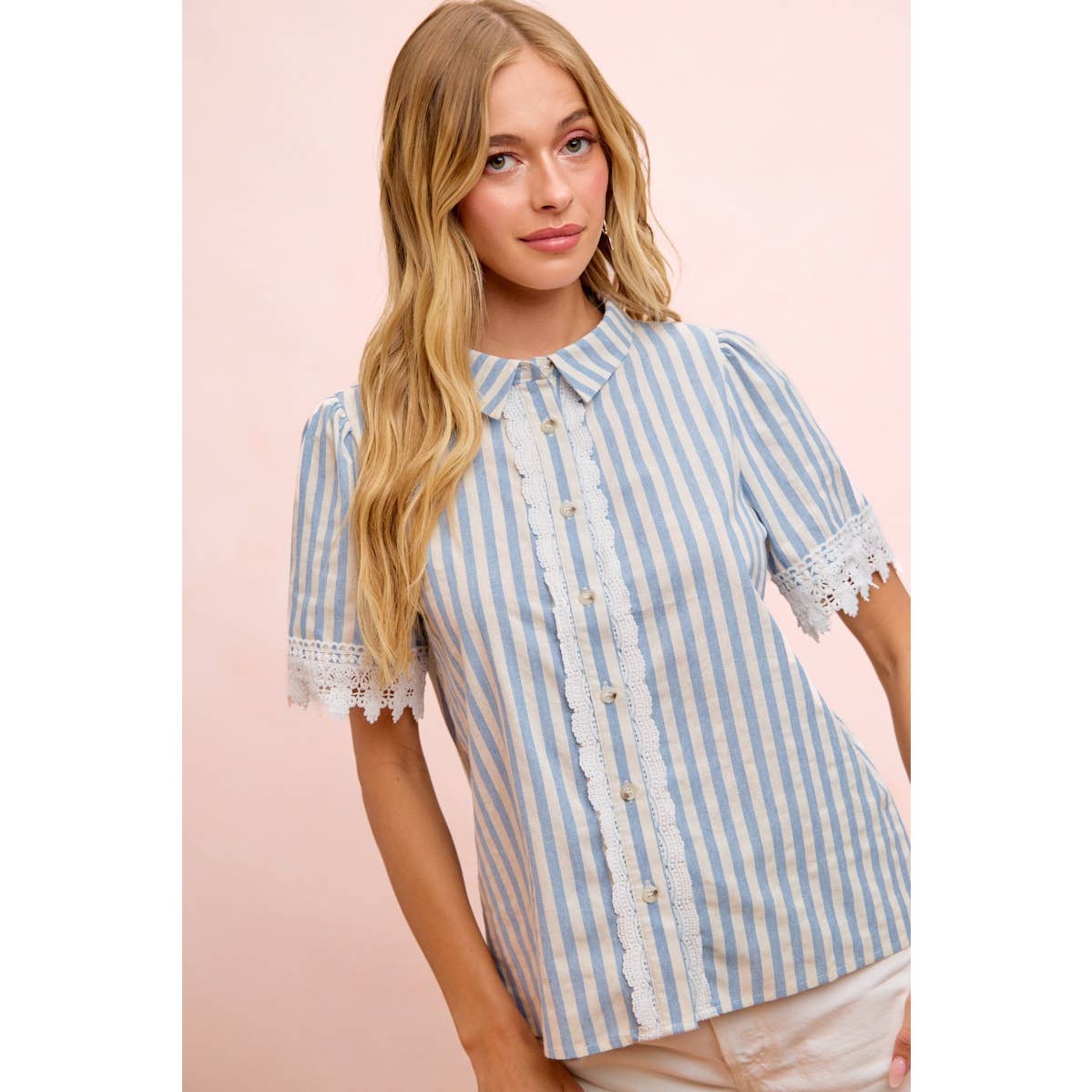 STRIPES LACE TRIM DETAIL SHORT SLEEVES BLOUSE