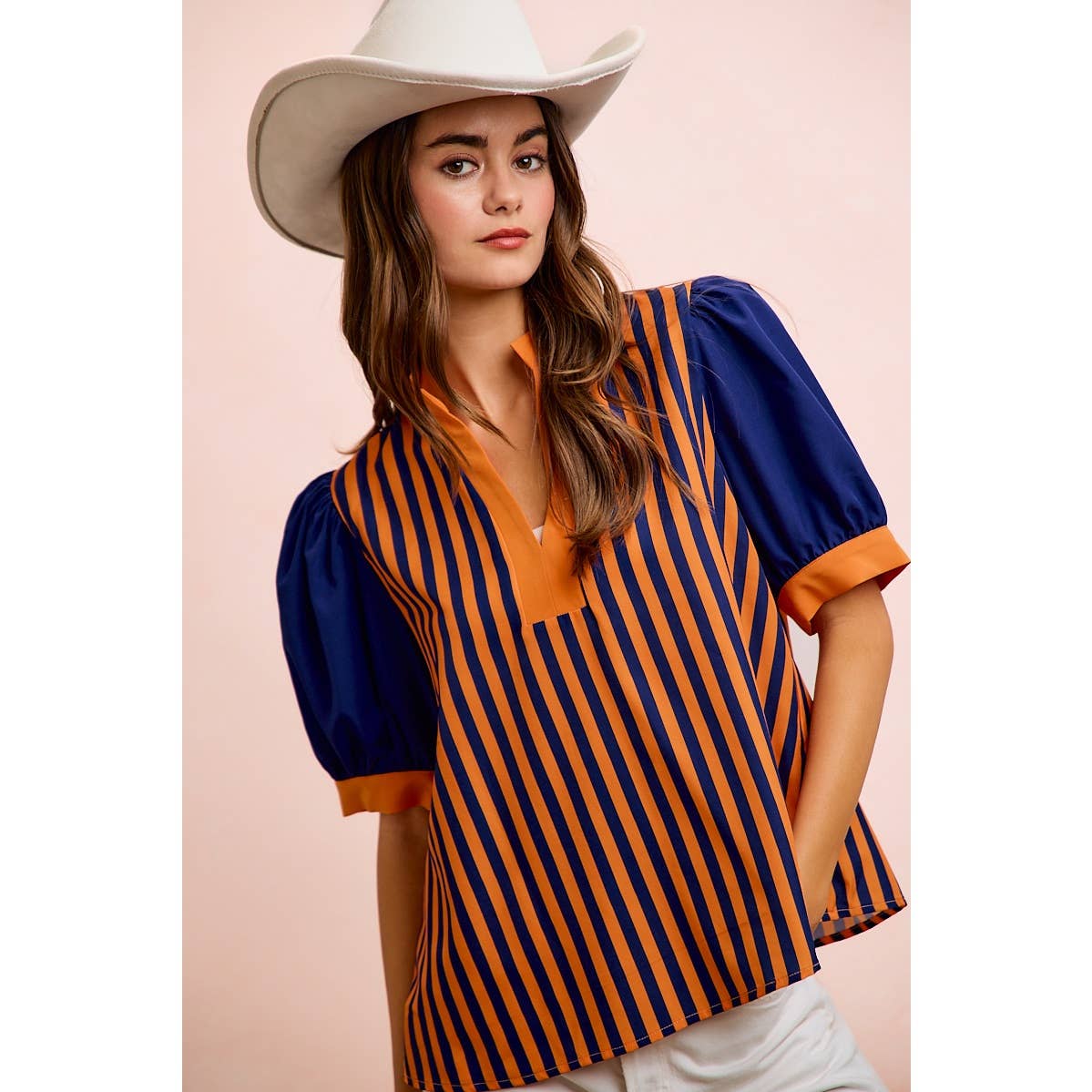 GAMEDAY THEME STRIPED WOVEN BLOUSE TOP