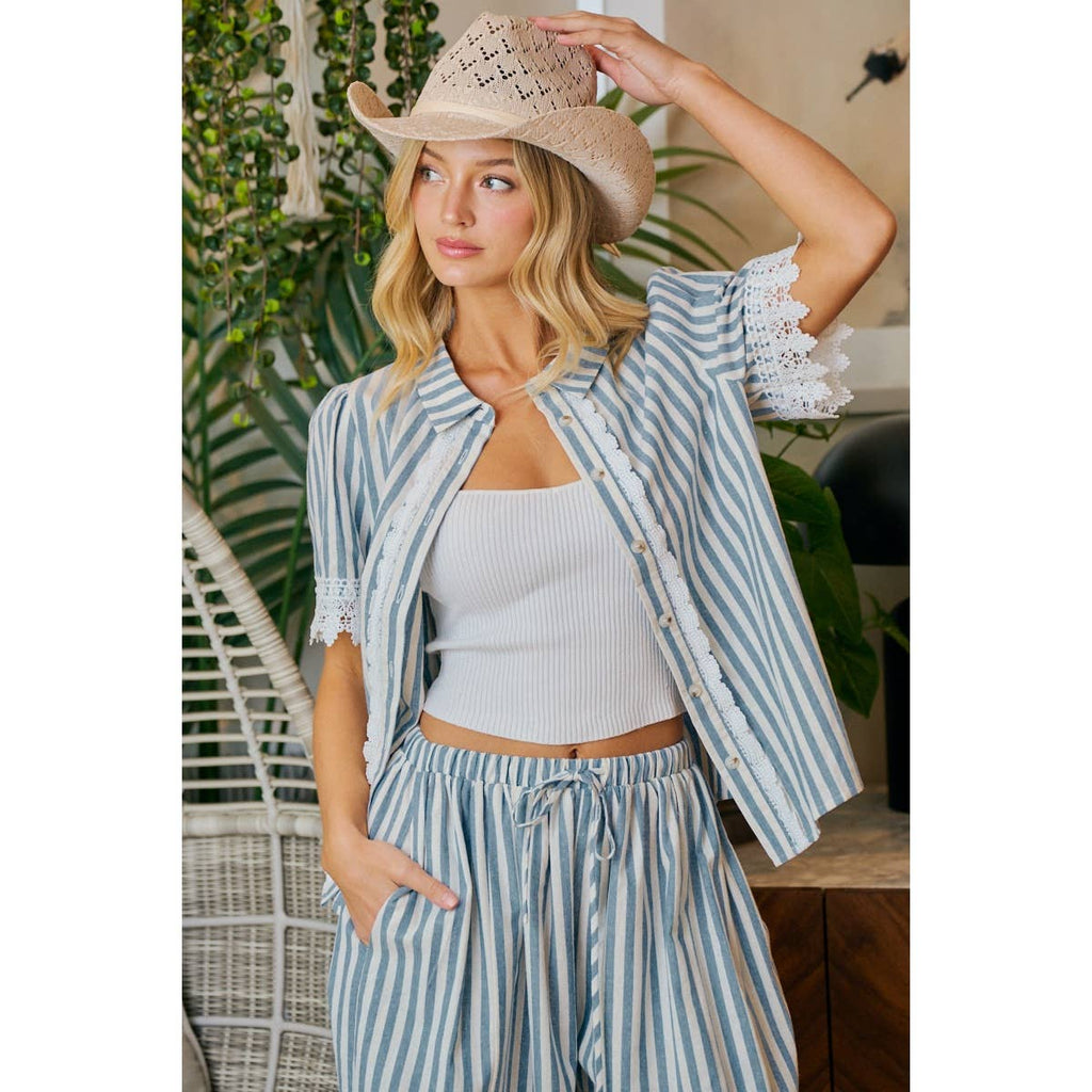 STRIPES LACE TRIM DETAIL SHORT SLEEVES BLOUSE