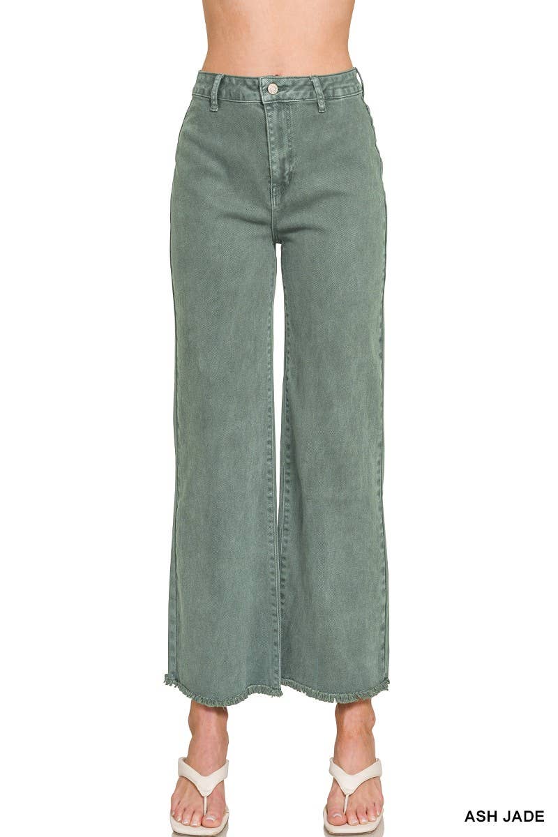 Acid Washed Frayed Cutoff Hem Straight Wide Pants