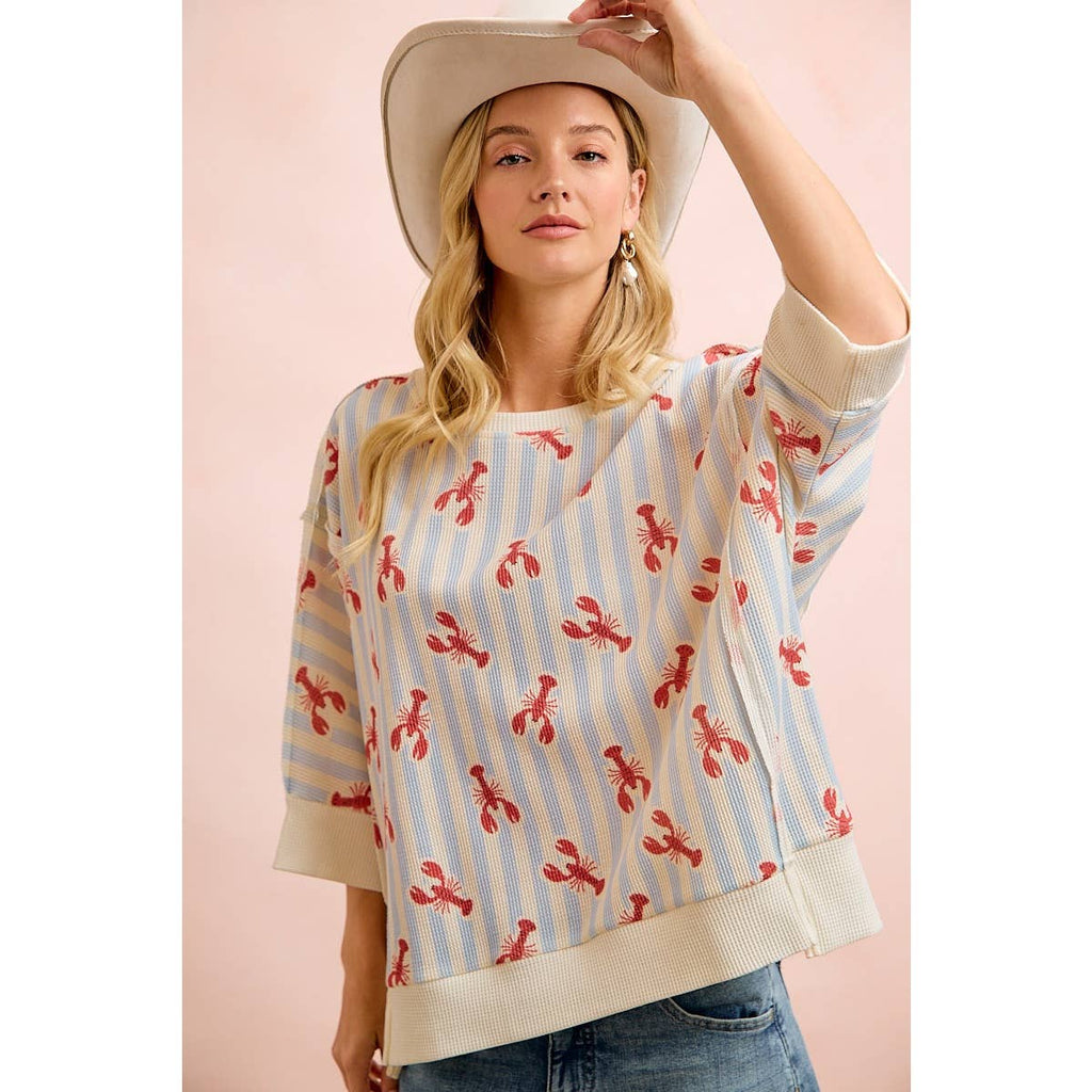 4TH OF JULY LOBSTERS STRIPE WAFFLE KNIT SLEEVE TOP