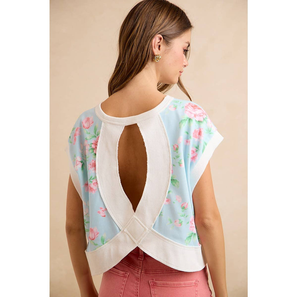 FLORAL PRINTED TERRY OPEN BACK SLEEVELESS TOP