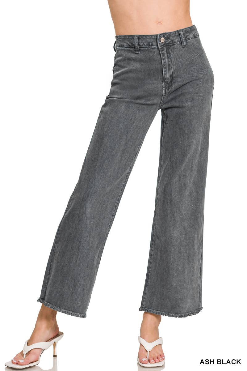 Acid Washed Frayed Cutoff Hem Straight Wide Pants