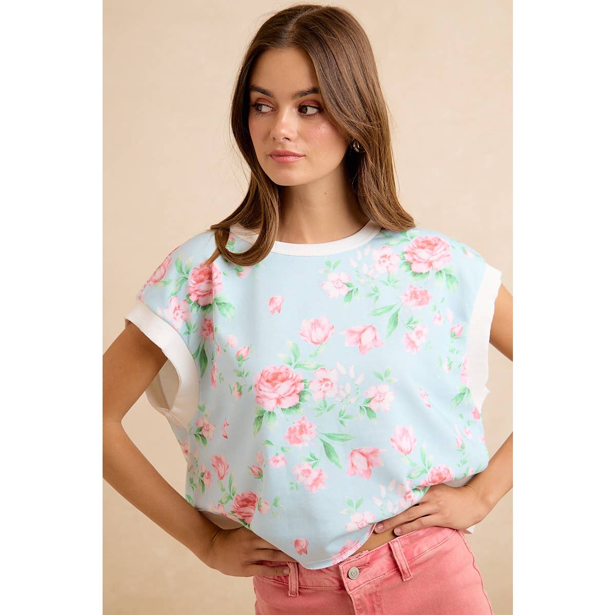 FLORAL PRINTED TERRY OPEN BACK SLEEVELESS TOP