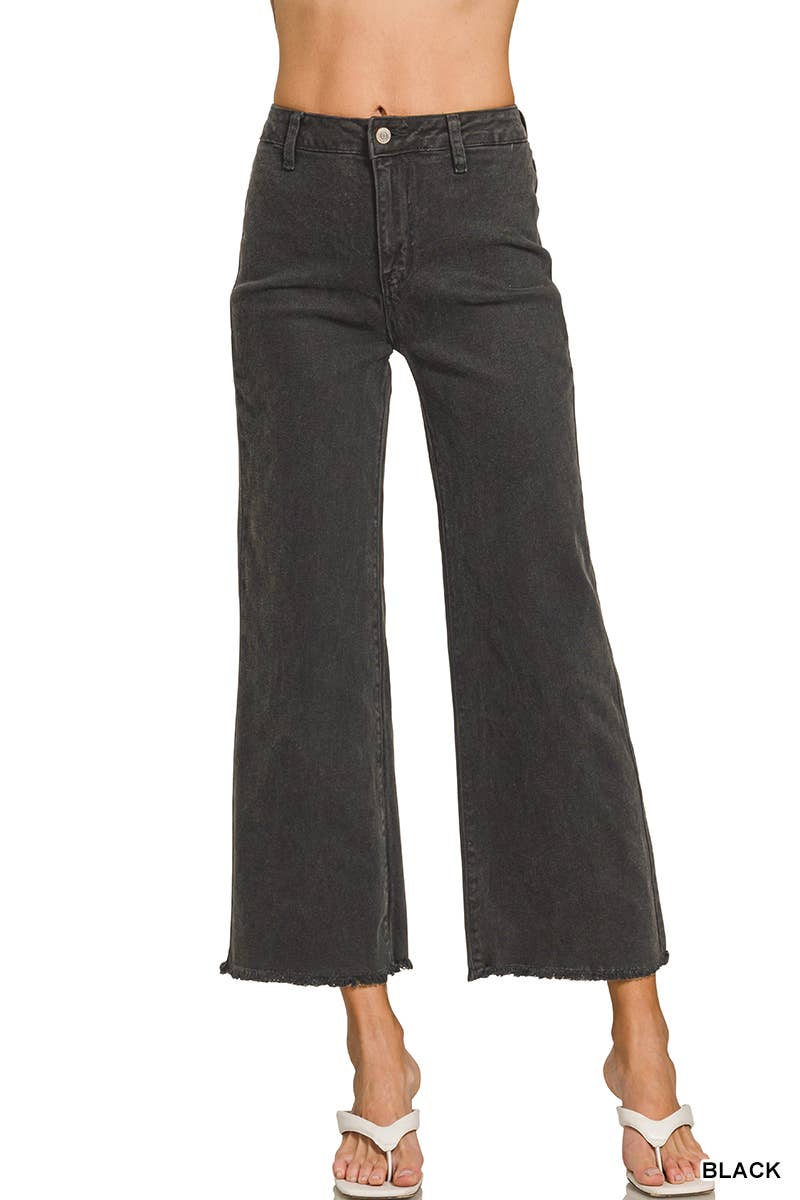 Acid Washed Frayed Cutoff Hem Straight Wide Pants