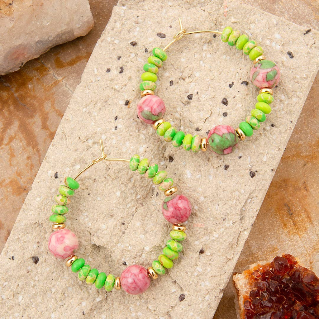 Watermelon Jade and Green Jasper Golden Hoop Earrings