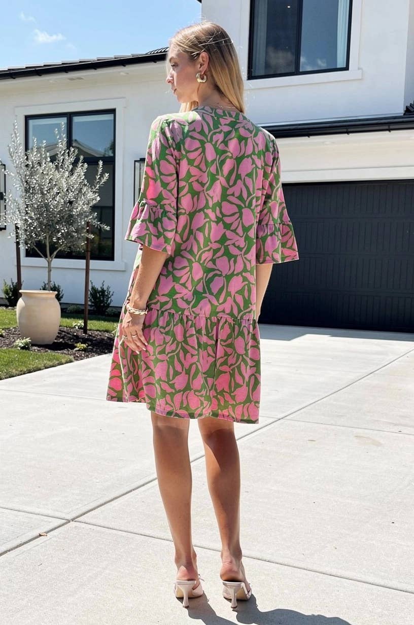 Floral Print Shirred Tiered 3/4 Sleeve Dress