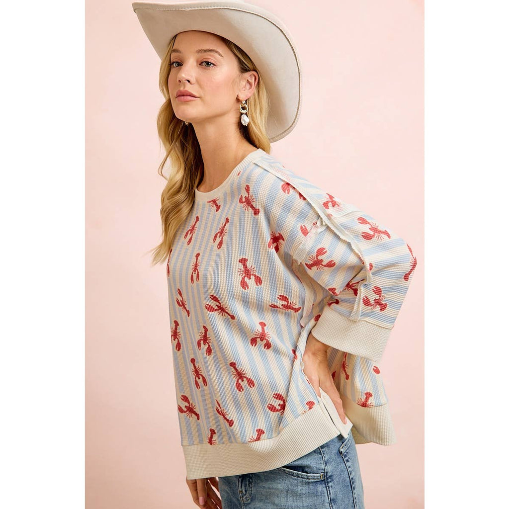 4TH OF JULY LOBSTERS STRIPE WAFFLE KNIT SLEEVE TOP