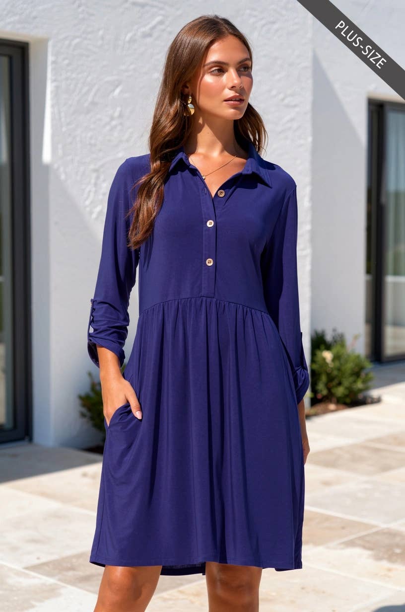 Curvy Collared Shirt Dress w/ Pockets