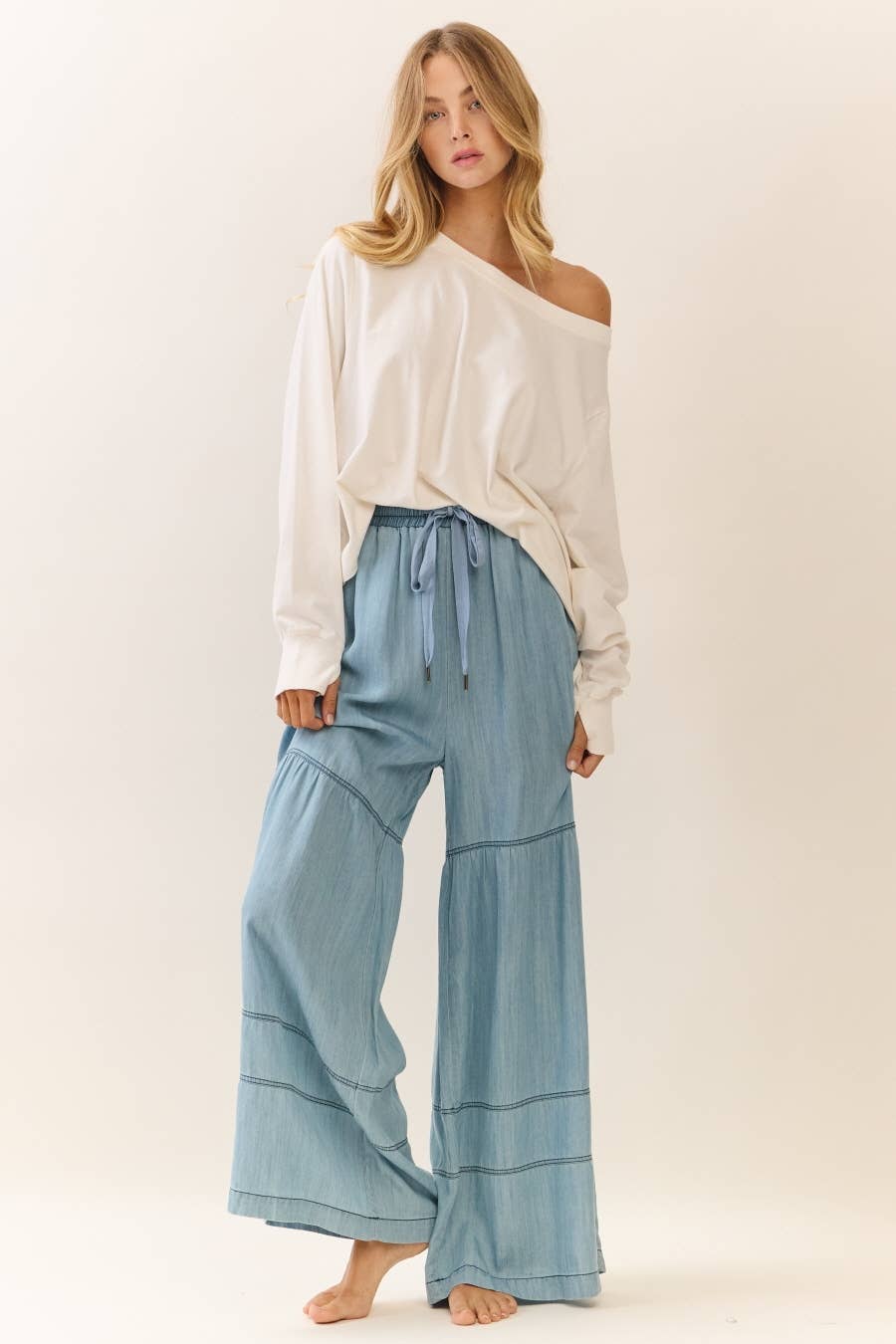 Washed Denim Wide Leg Pants
