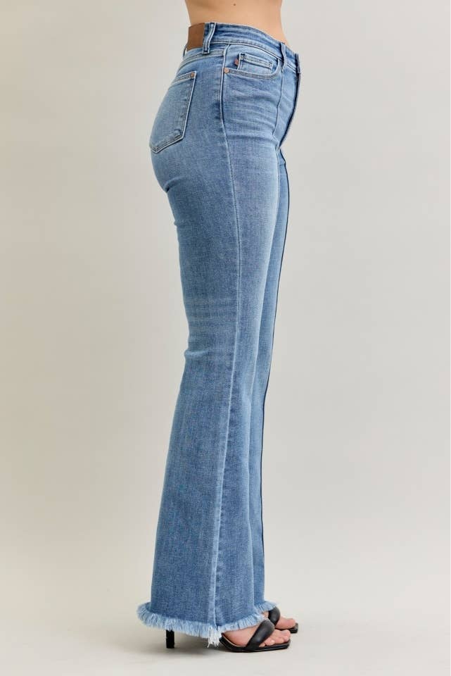 High Waisted Flare Front Pintuck Detail & Fray Hem