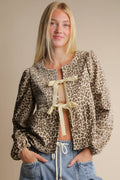 Leopard Printed Front Tie Woven Blouse Top