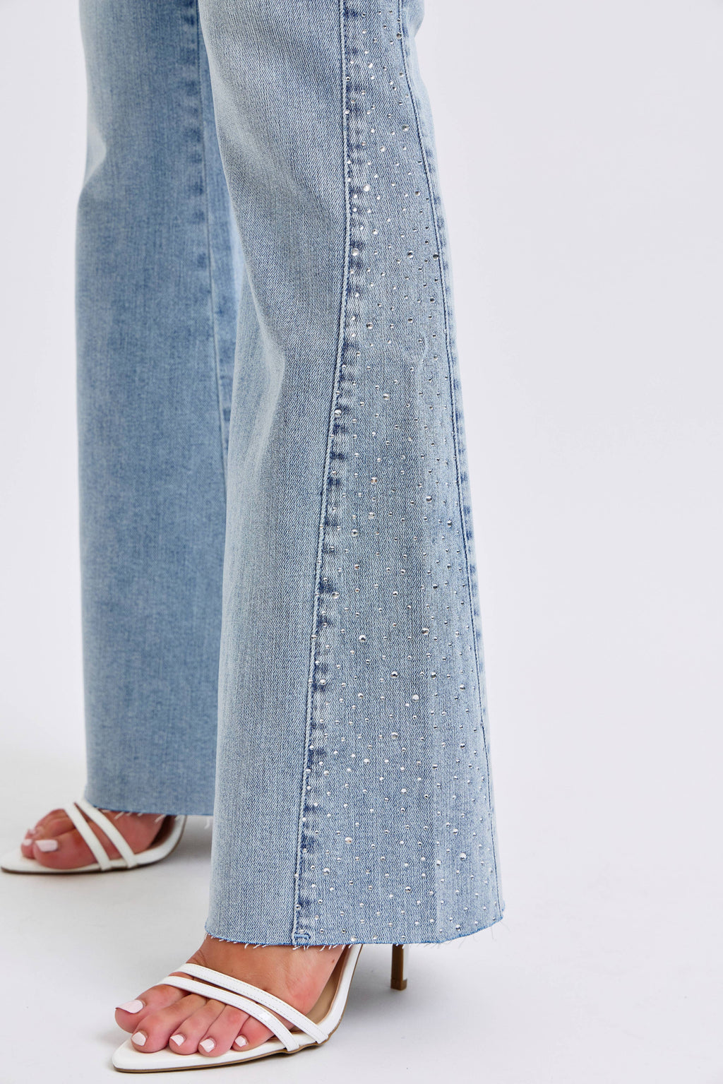 Mid- Rise Rhinestone Side Panel Detail Flare