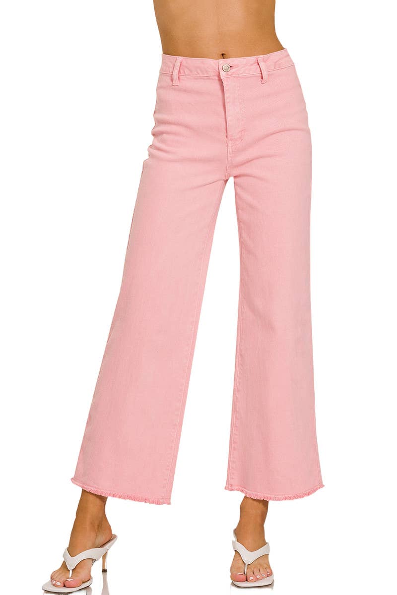 Acid Washed Frayed Cutoff Hem Straight Wide Pants