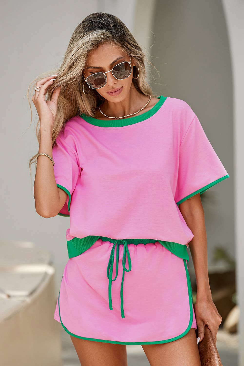 Colorblock Edge Drop Shoulder T Shirt and Skirt 2Pcs Set