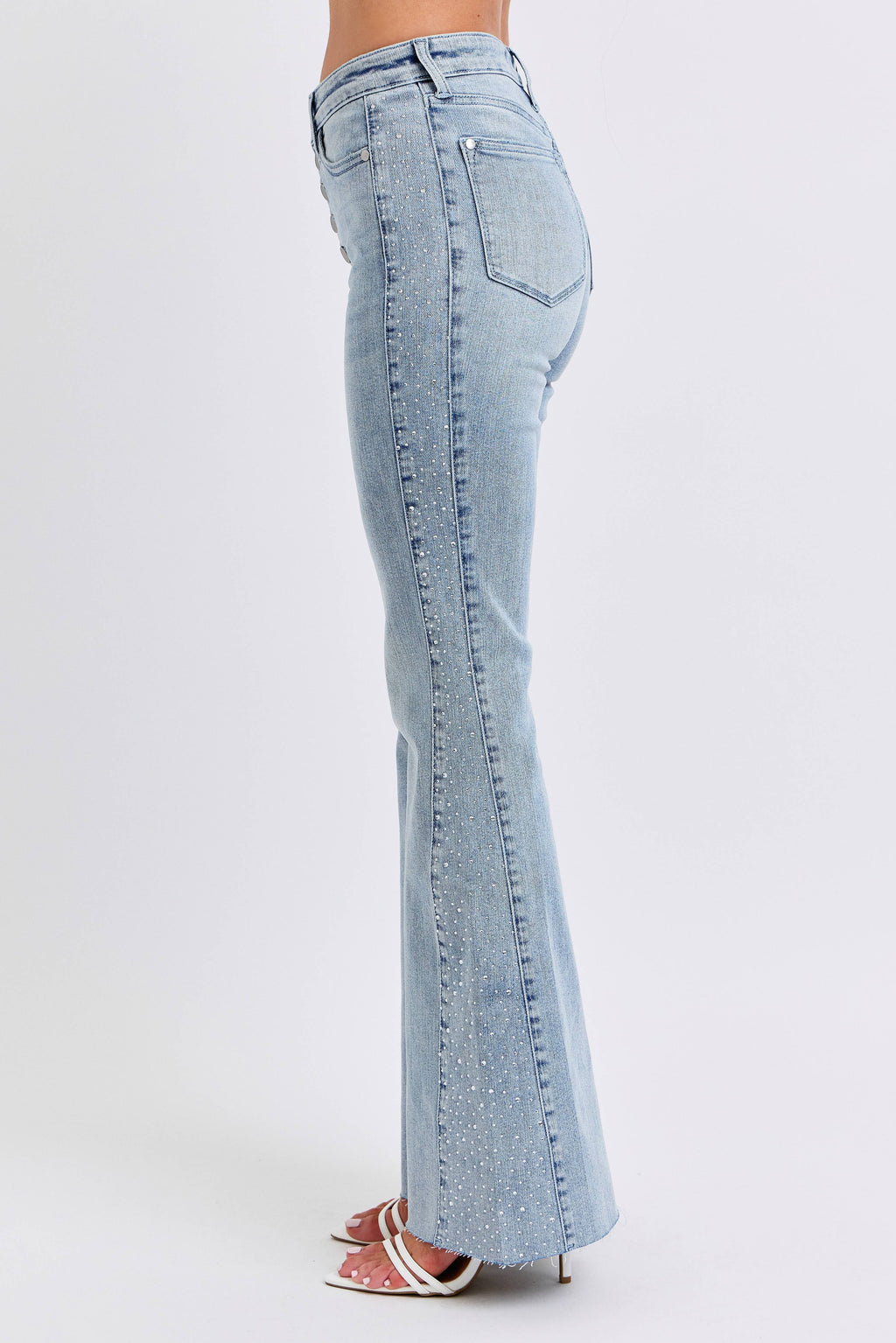 Mid- Rise Rhinestone Side Panel Detail Flare