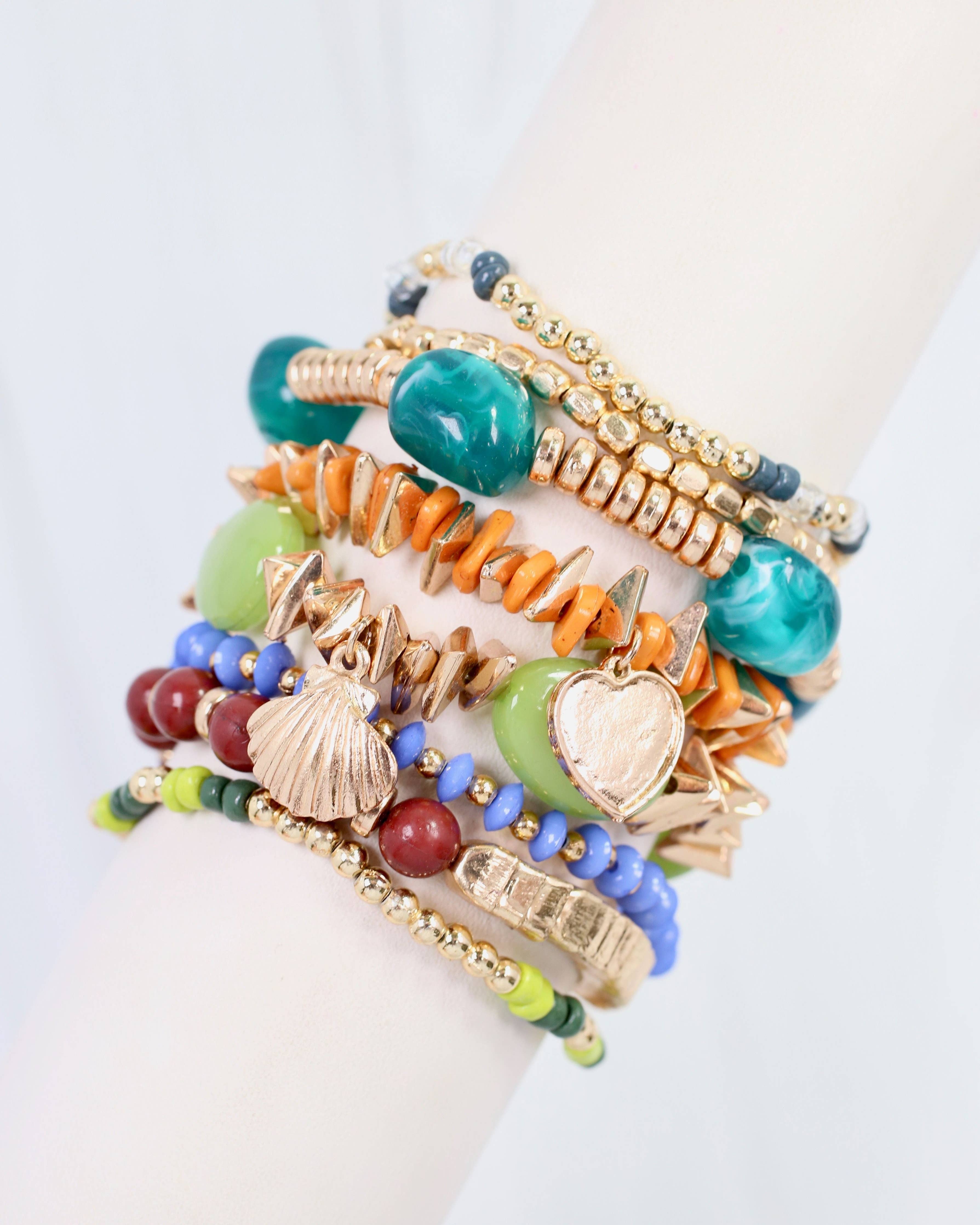Beaded Stretch Bracelet Set Green Multi