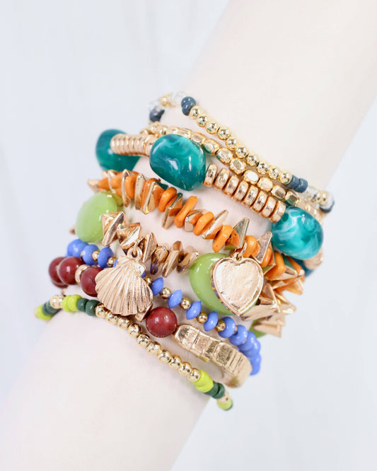 Beaded Stretch Bracelet Set Green Multi