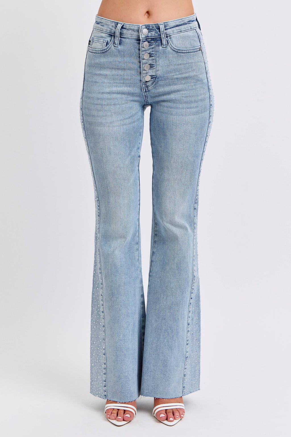 Mid- Rise Rhinestone Side Panel Detail Flare