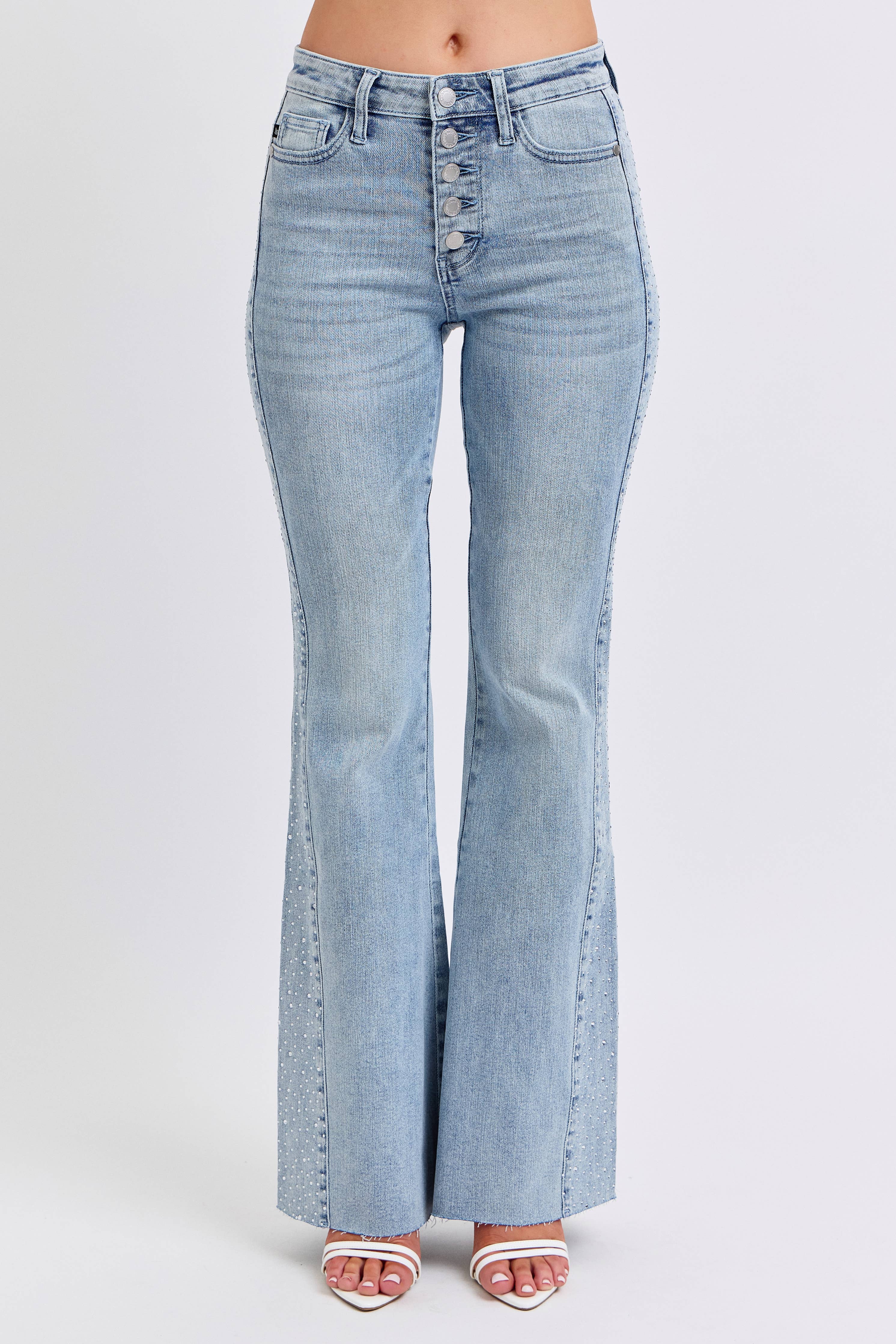 Mid- Rise Rhinestone Side Panel Detail Flare
