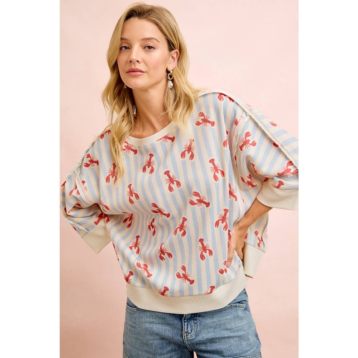 4TH OF JULY LOBSTERS STRIPE WAFFLE KNIT SLEEVE TOP
