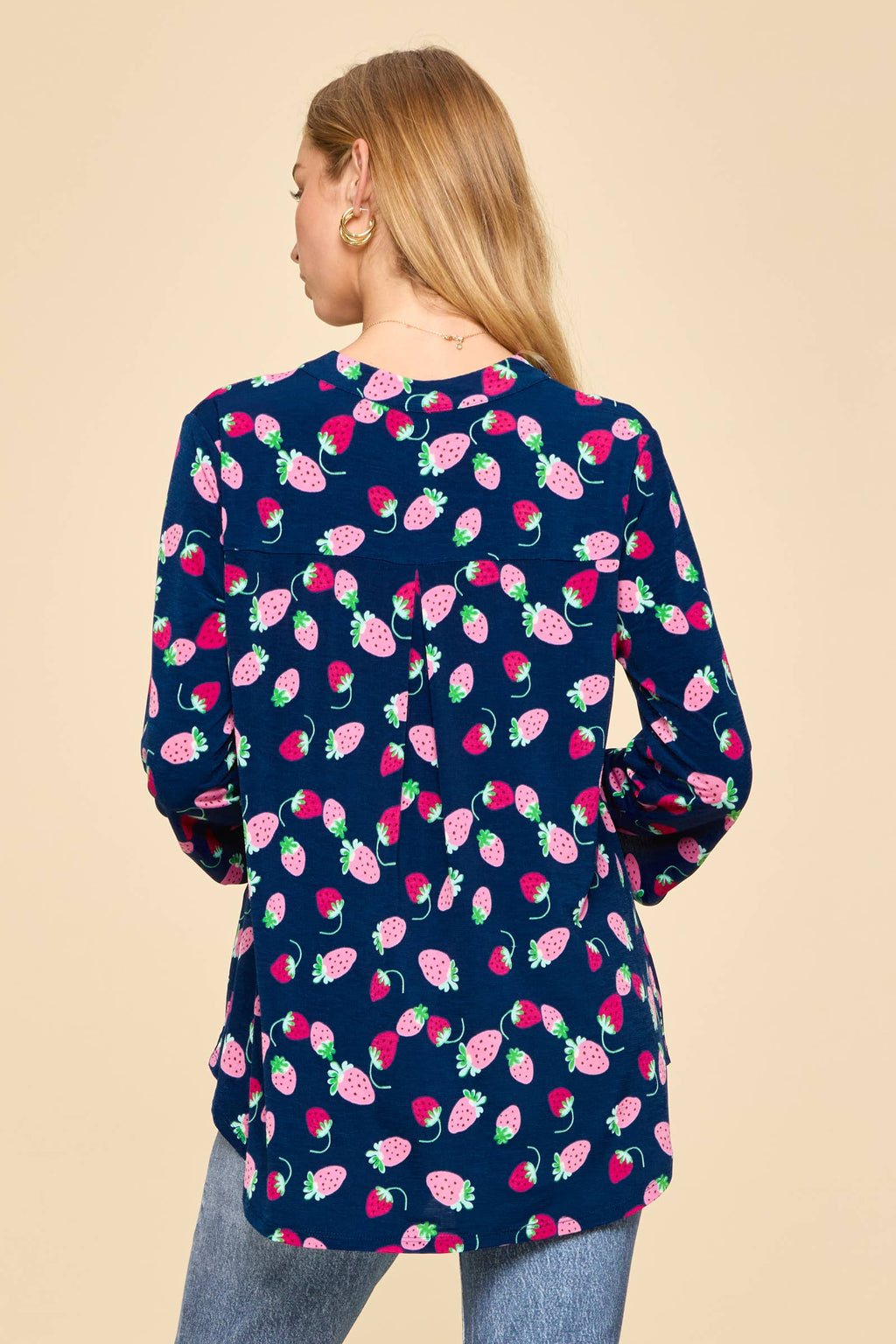 Strawberry Print Mandarin Collar 3/4 Sleeve Blouse