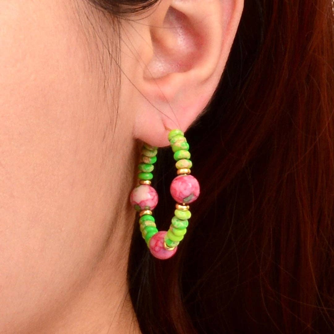 Watermelon Jade and Green Jasper Golden Hoop Earrings