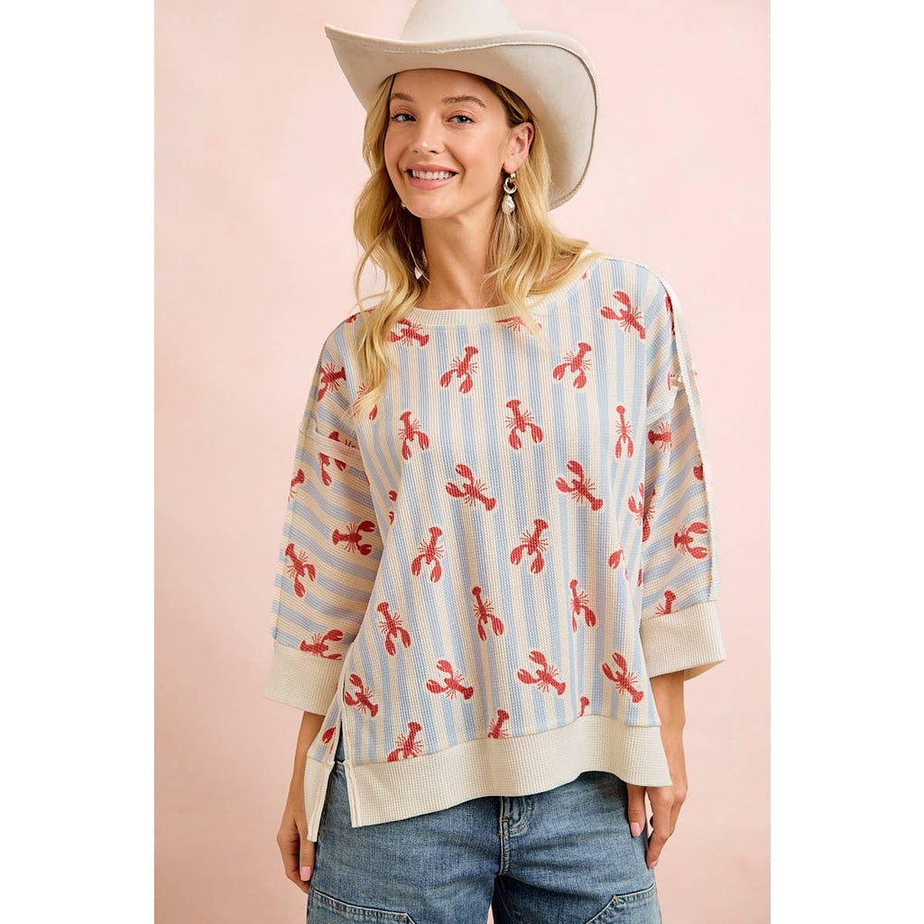 4TH OF JULY LOBSTERS STRIPE WAFFLE KNIT SLEEVE TOP