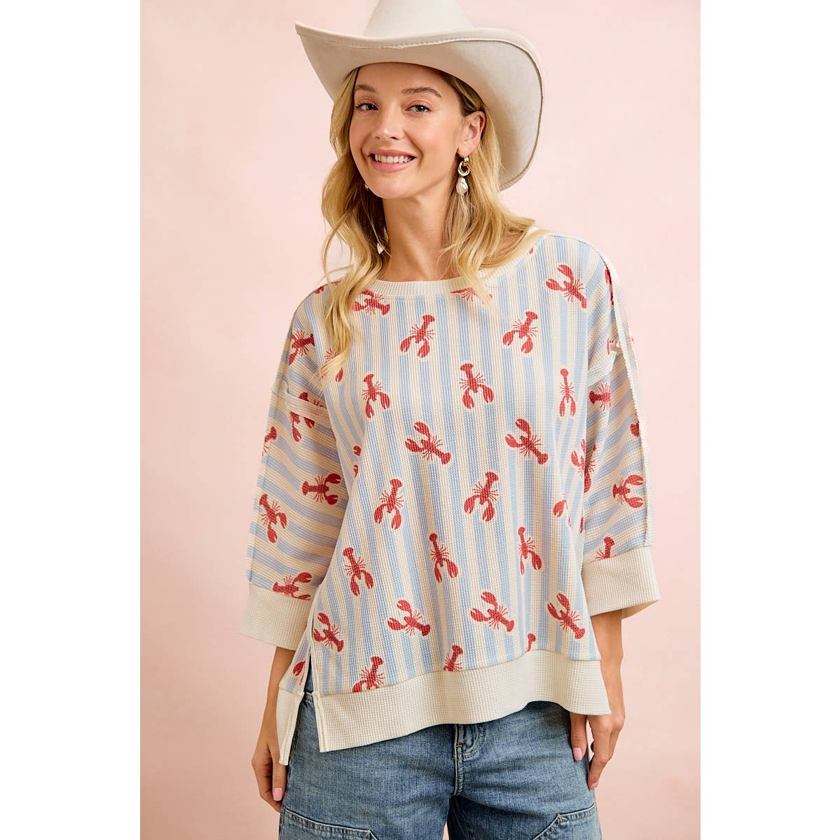 4TH OF JULY LOBSTERS STRIPE WAFFLE KNIT SLEEVE TOP