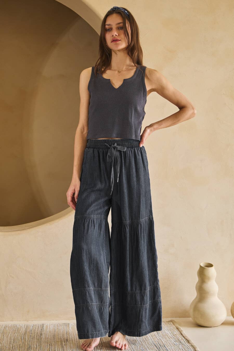 Washed Denim Wide Leg Pants