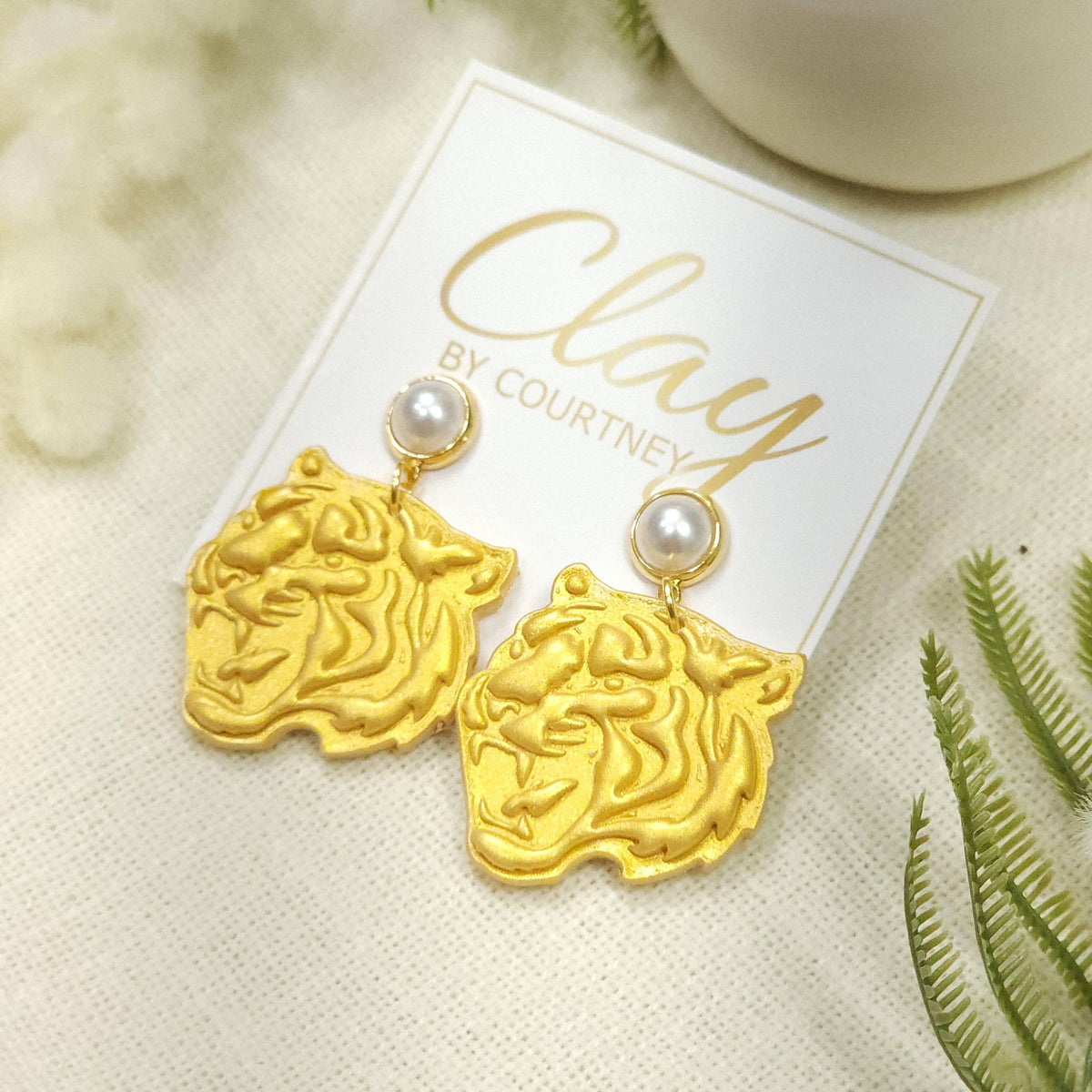 Gold Tiger Head Polymer Clay Earrings with Pearl Stud