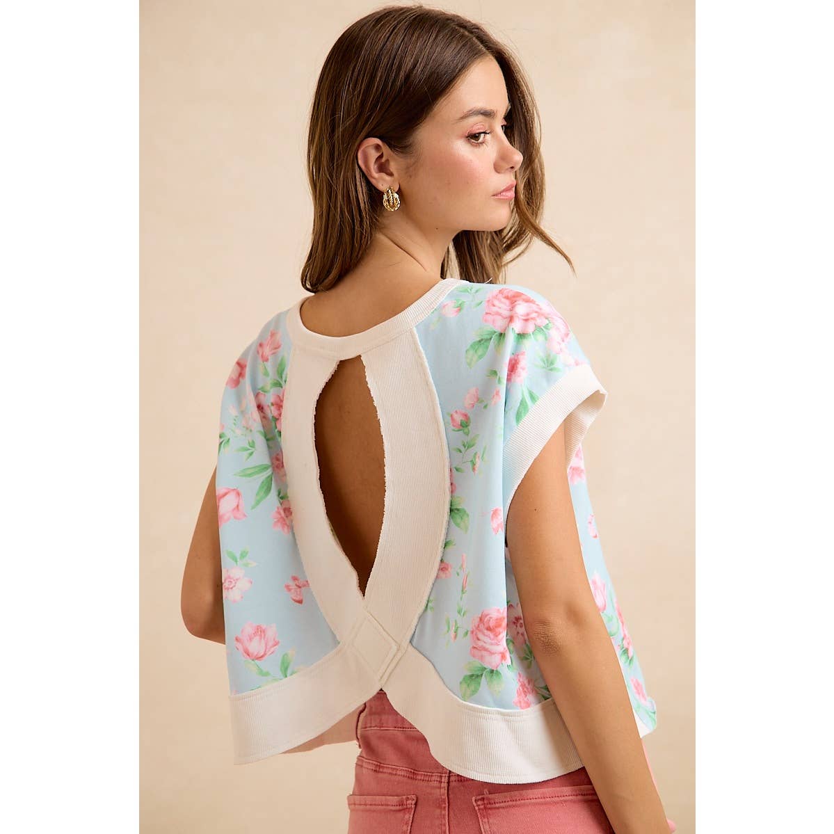 FLORAL PRINTED TERRY OPEN BACK SLEEVELESS TOP