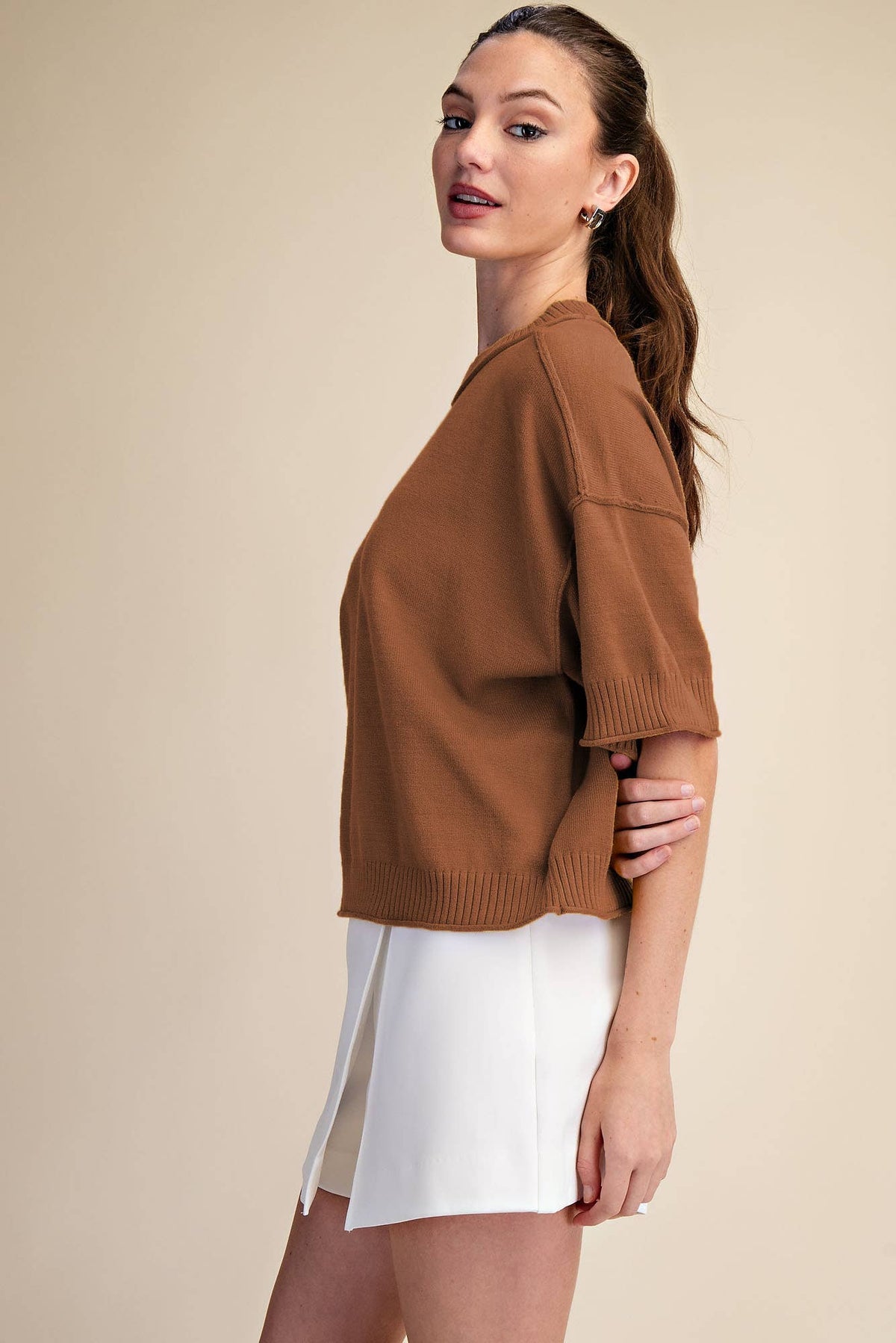 Relaxed Sweater Crew-Neck Elbow-Length Sleeves
