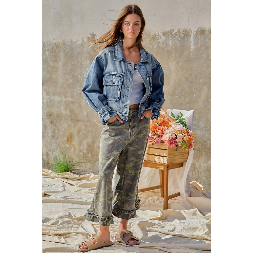 CAMOUFLAGE DENIM RUFFLED HEM MID RISE BLOOMER PANTS